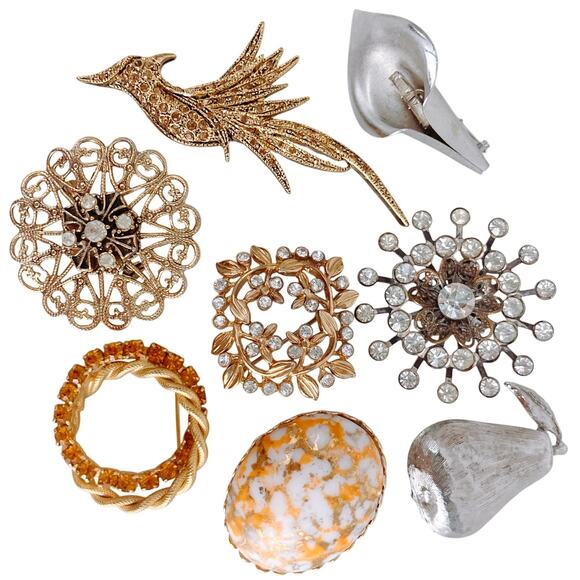 VTG Brooch Lot Of 8 Mid Century Silver Gold Tone Filigree Pins Bird Rhinestones - Picture 1 of 12